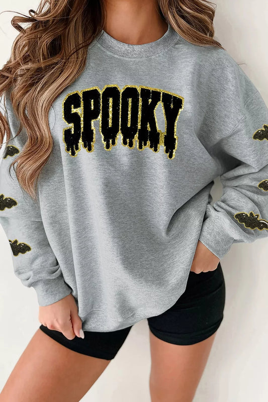 Sequin SPOOKY Halloween Bat Embellished Sleeve Pullover Sweatshirt - Gray - View 1