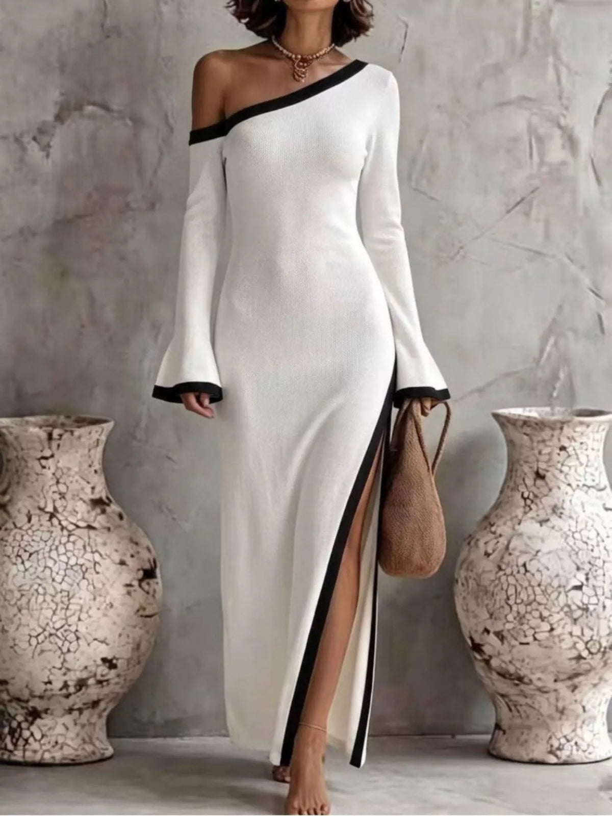 Slit One-Shoulder Contrast Trim Maxi Dress - White - View 1