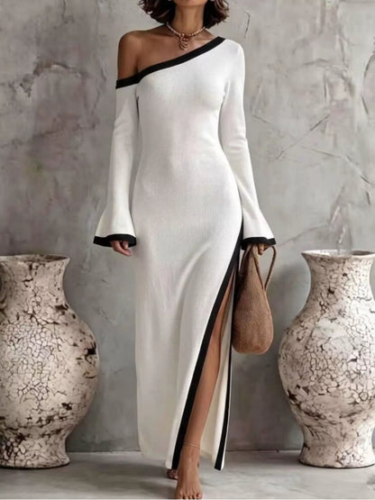 Slit One-Shoulder Contrast Trim Maxi Dress - White - View 1