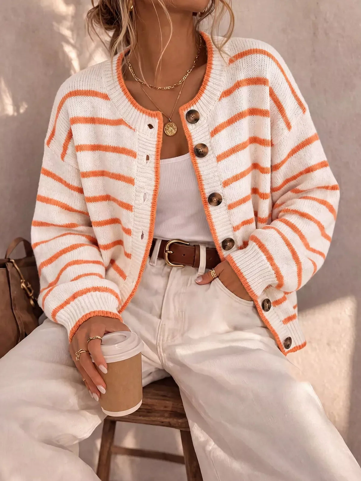 Striped Button-Down Knit Cardigan - White - View 5