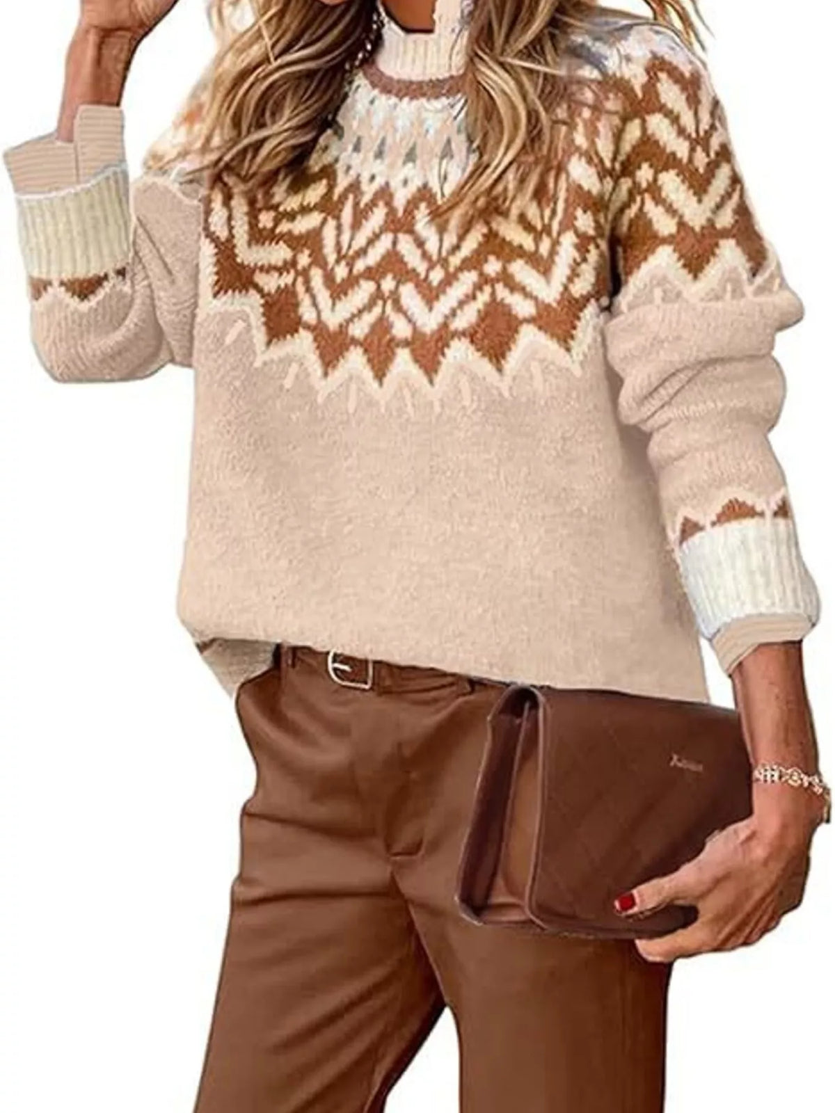 Full Size Fair Isle Patterned Long Sleeve Sweater Plus Size - Apricot - View 1