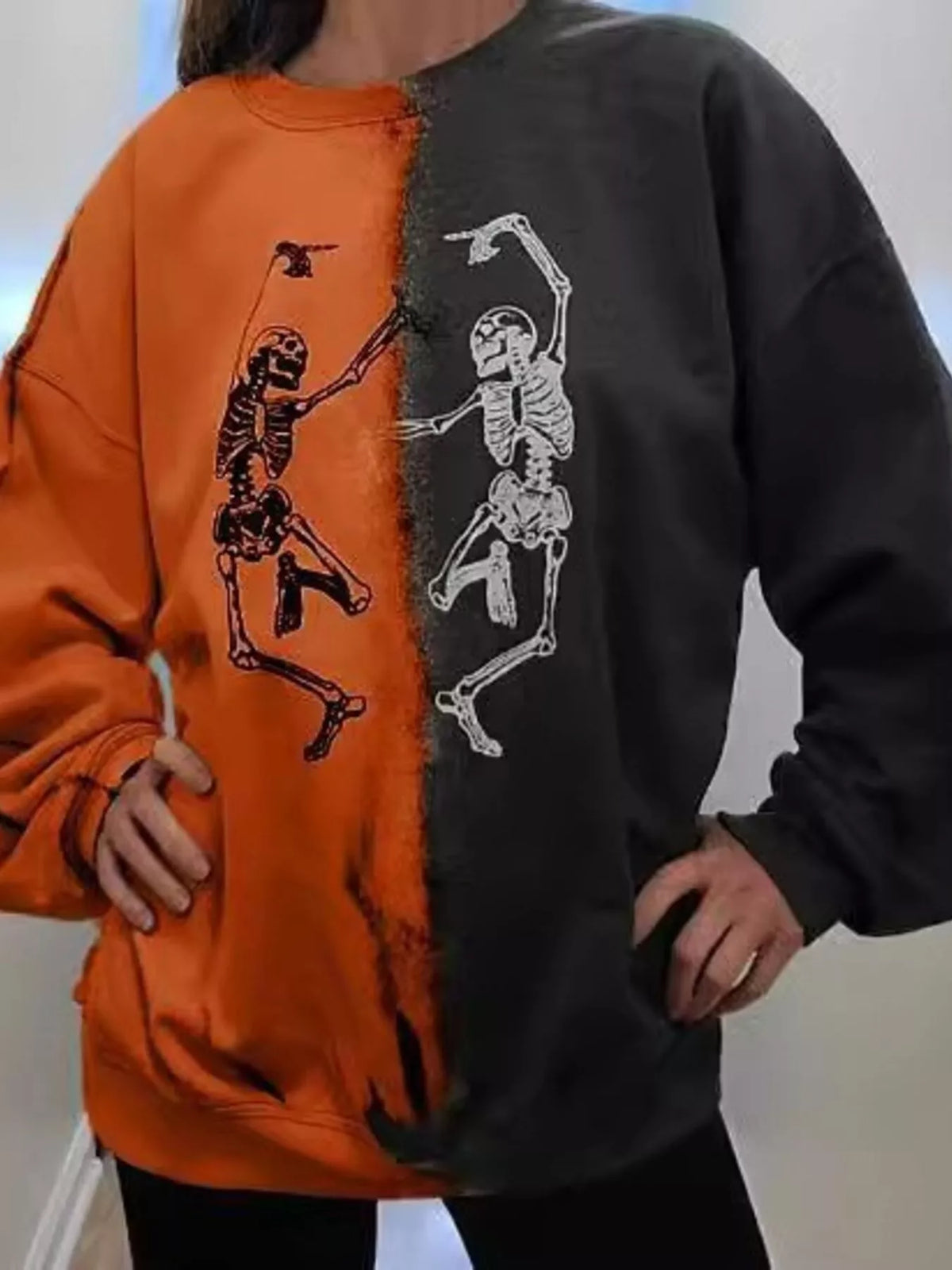 Halloween Skeleton Print Color Block Sweatshirt - Orange - View 2