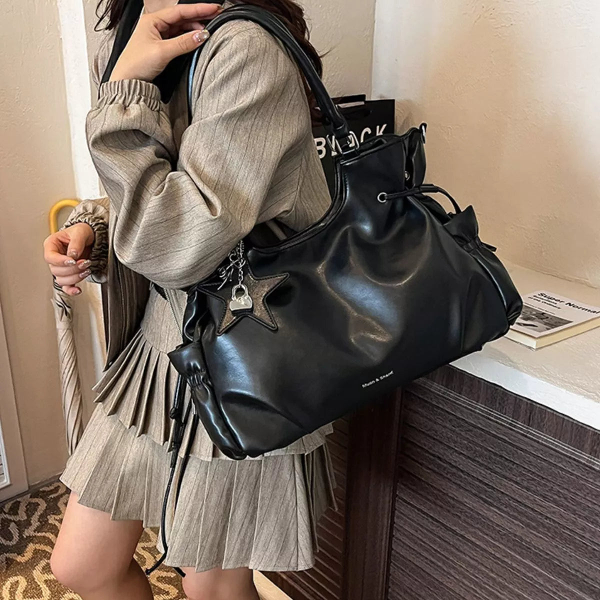 PU Leather Shoulder Bag - Black - View 1