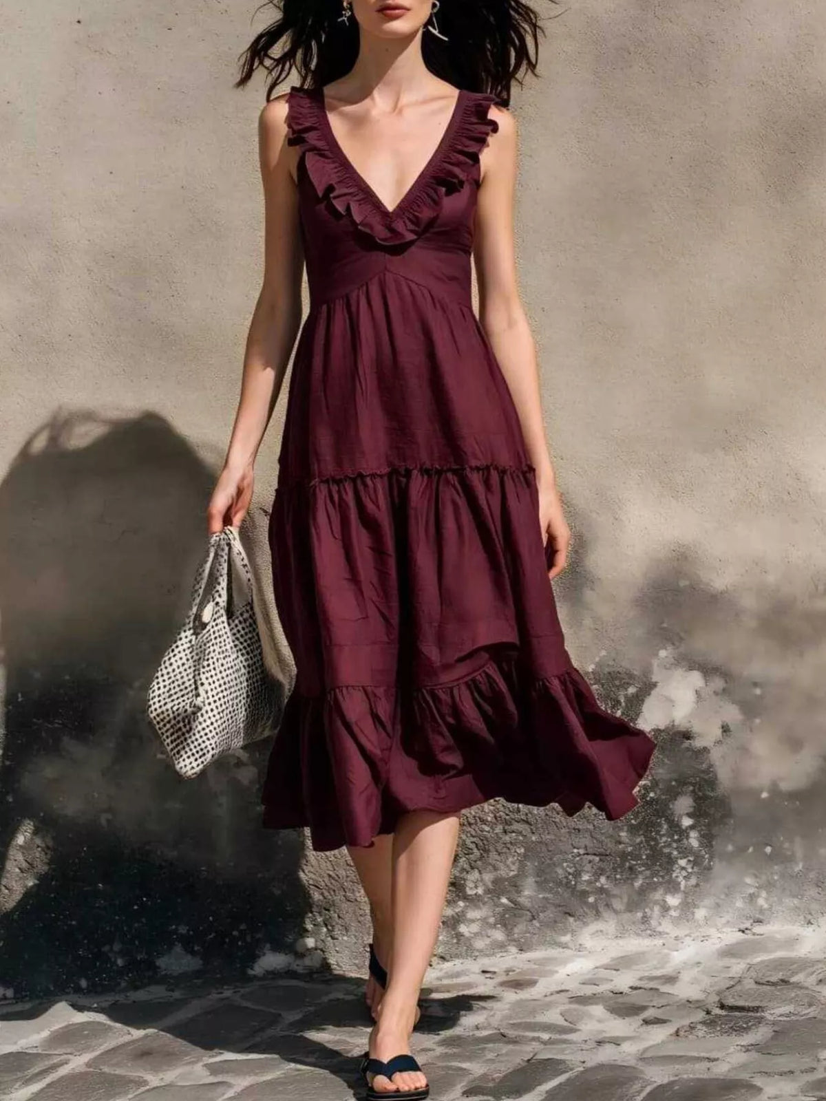 Full Size Ruffled V-Neck Tiered Midi Dress Plus Size - Burgundy - View 1