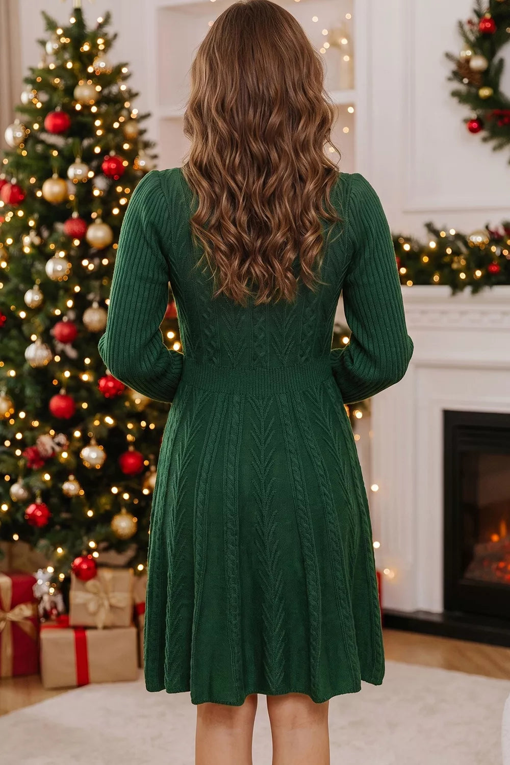 Ribbed Cable Knit Ribbon Knot Sweater Mini Dress - Dark Green - View 2