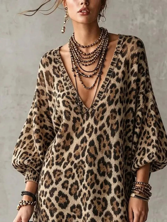 Leopard Print V-Neck Dress with Lace Hem - Leopard - View 2