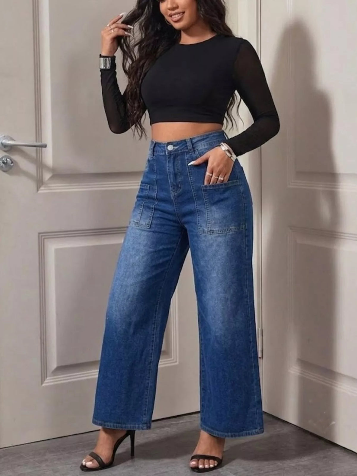 High-Waisted Wide Leg Jeans - Peacock  Blue - View 1