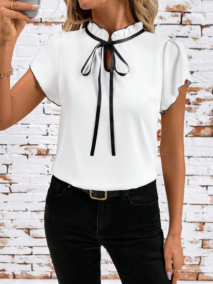 Tie Neck Short Sleeve Blouse - Gray/white - View 4