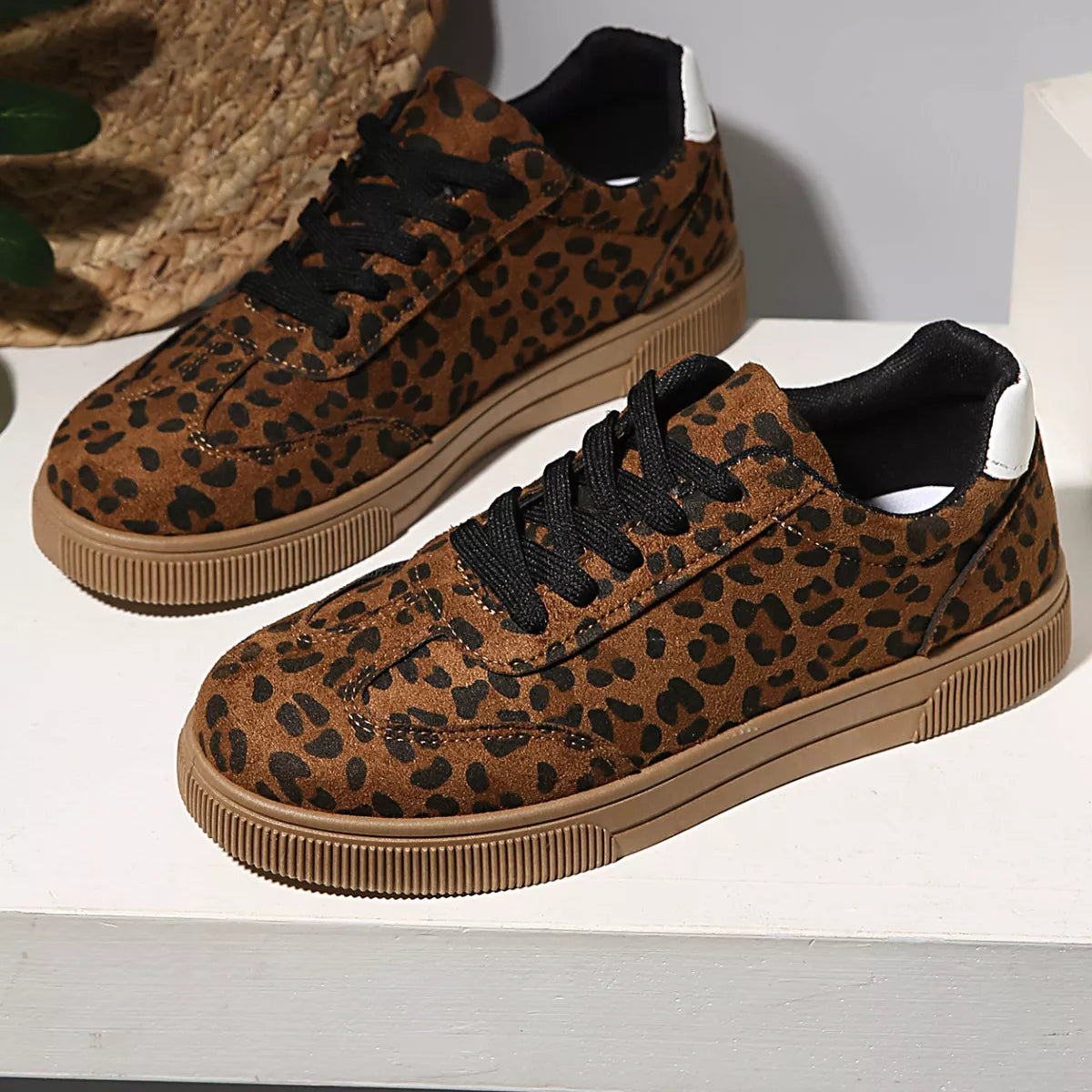 Leopard Lace Up Sneakers - Brown - View 1