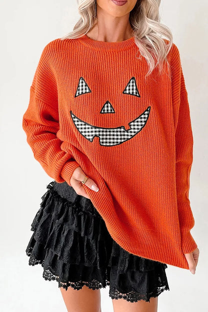 Drop Shoulder Long Sleeve Round Neck Halloween Sweater - Orange - View 1