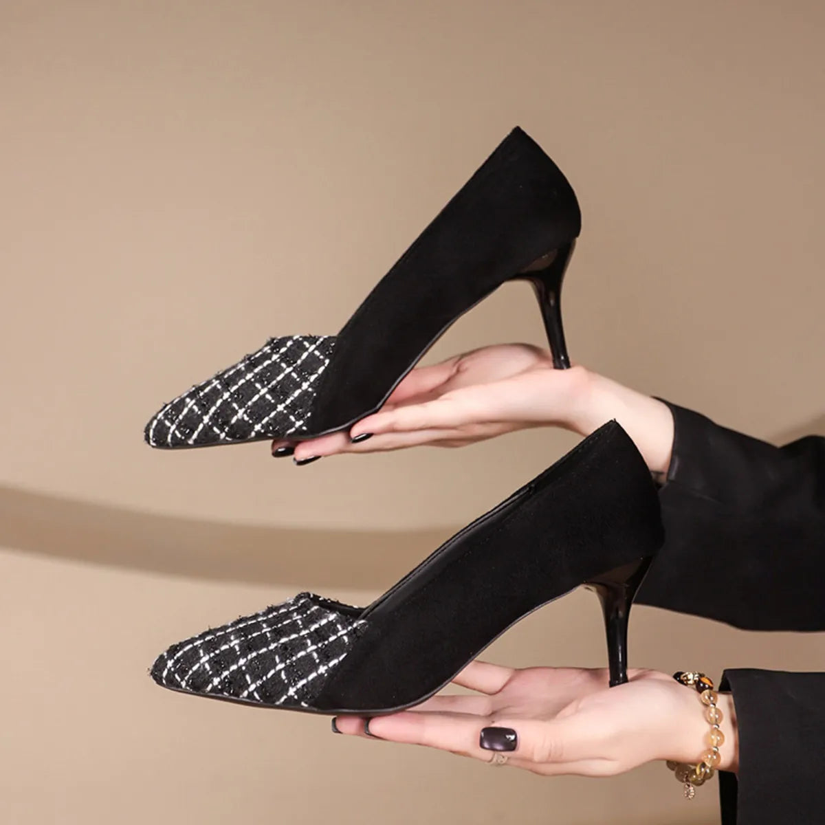 Point Toe Suede Pumps - Black Plaid - View 13