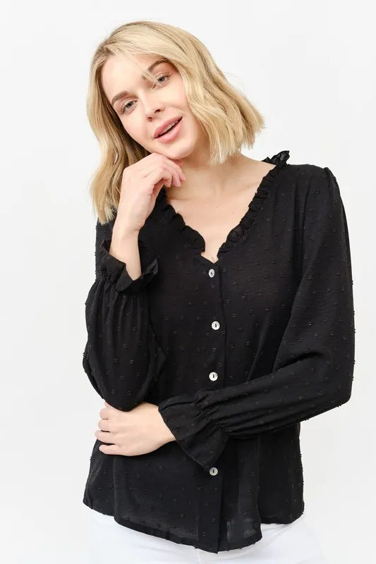 And The Why Polka Dot Ruffle Detailed Blouse Top - BLACK - View 10