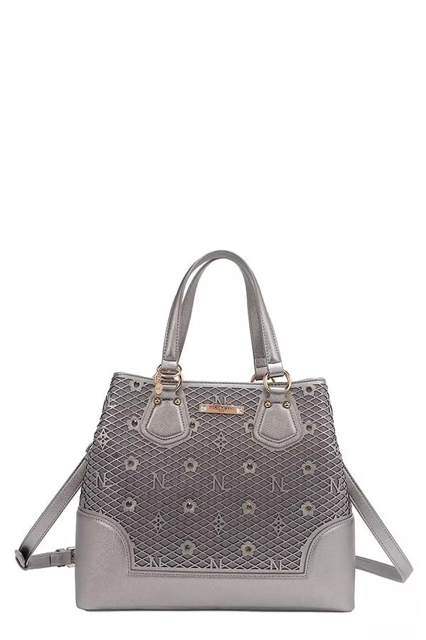 Nicole Lee USA Monogram Pattern Handbag with Rhinestones Decor - PEWTER - View 15