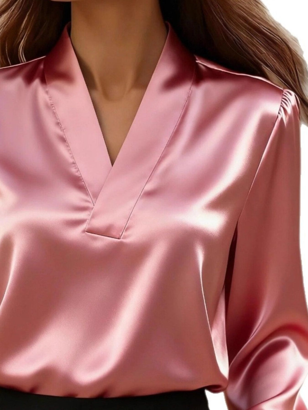 V-Neck Long Sleeve Satin Blouse - Pink - View 4