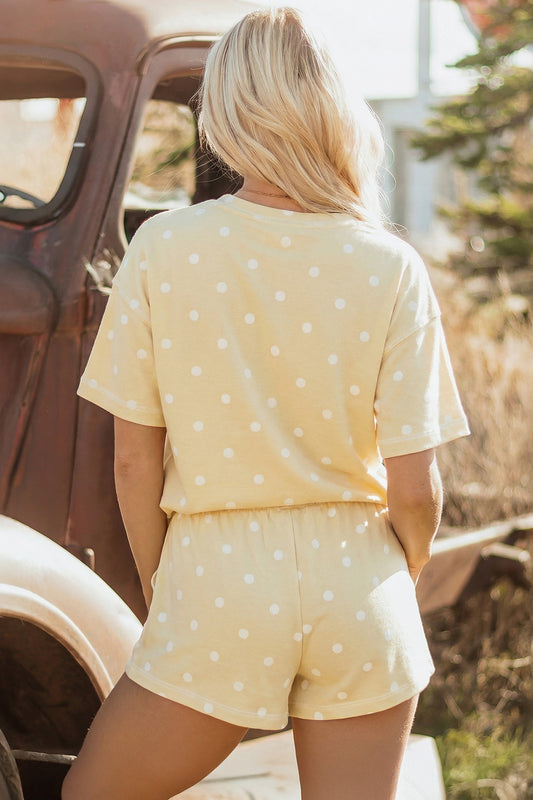 Yellow Polka Dot Short Sleeve Loose Top Drawstring Shorts Set - Yellow - 2