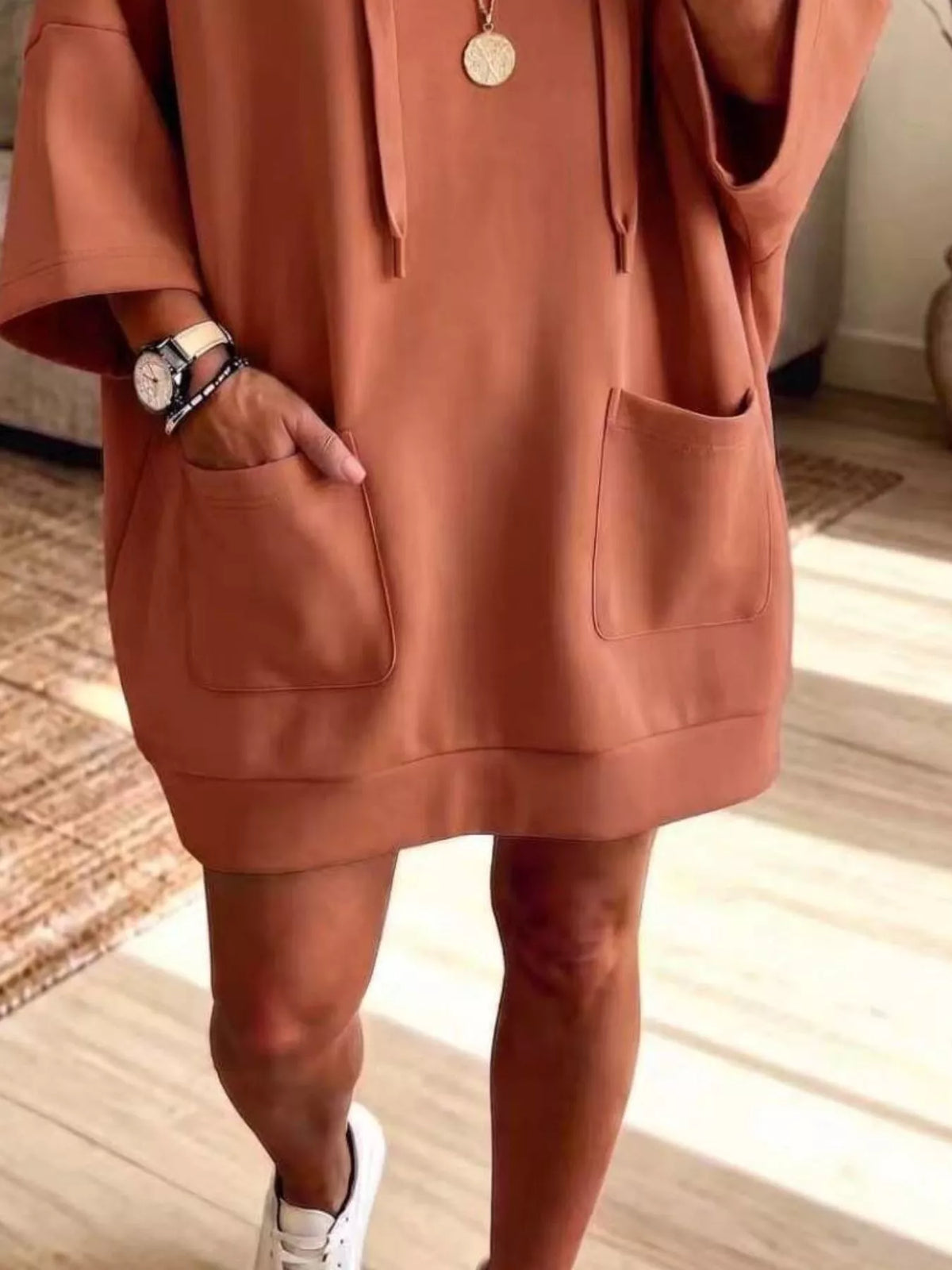 Full Size Drawstring Oversized Front Pockets Oversized Hoodie Plus Size - Terracotta - View 3