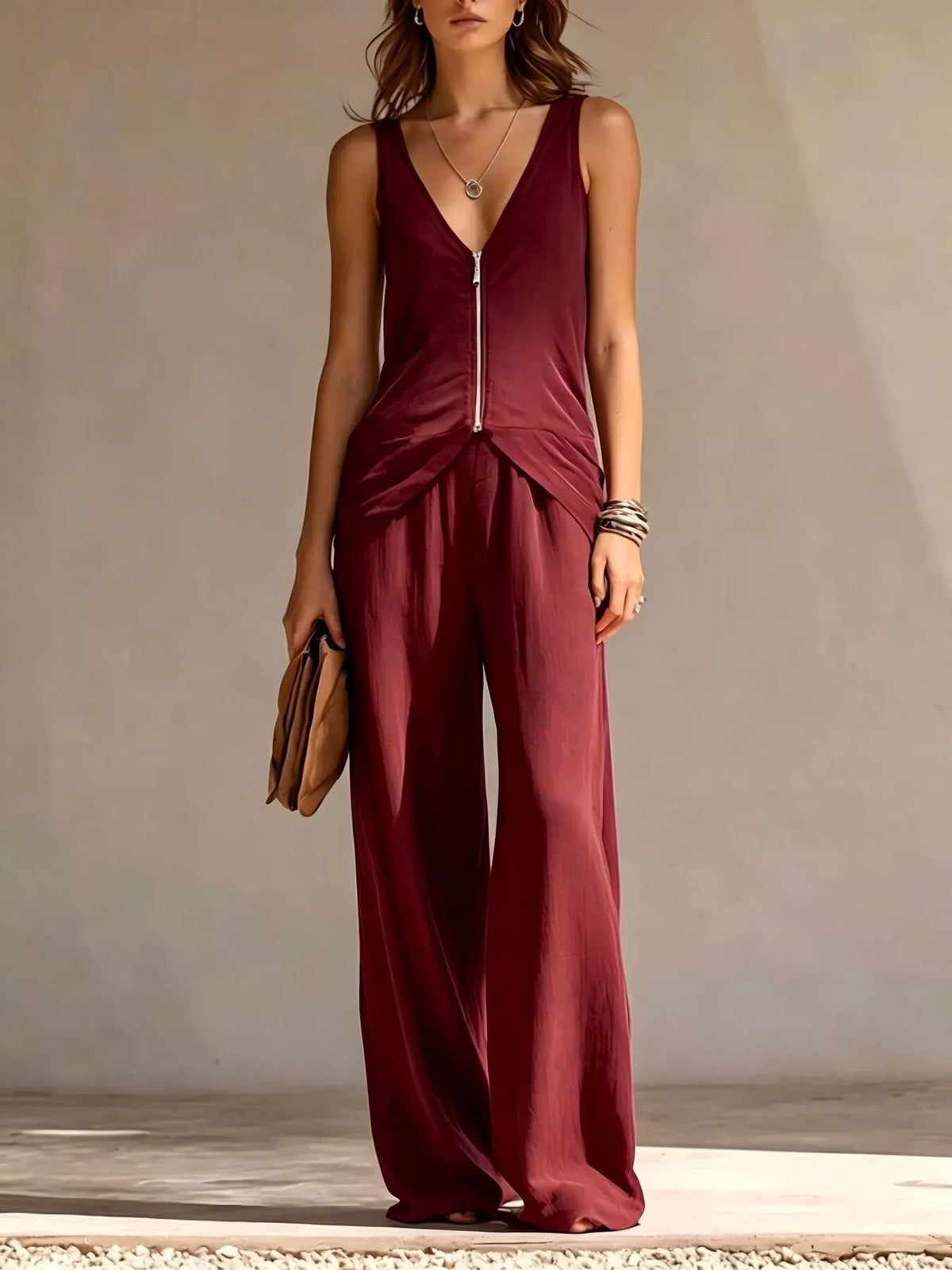 Full Size Zipper Front Tank and Wide-Leg Pants Set Plus Size - Red - View 1