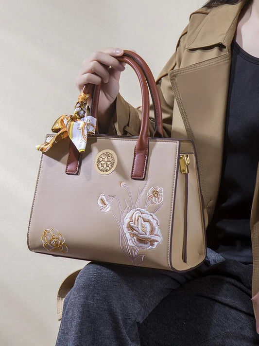 Floral Embroidered Top Handle Handbag - Apricot - View 1