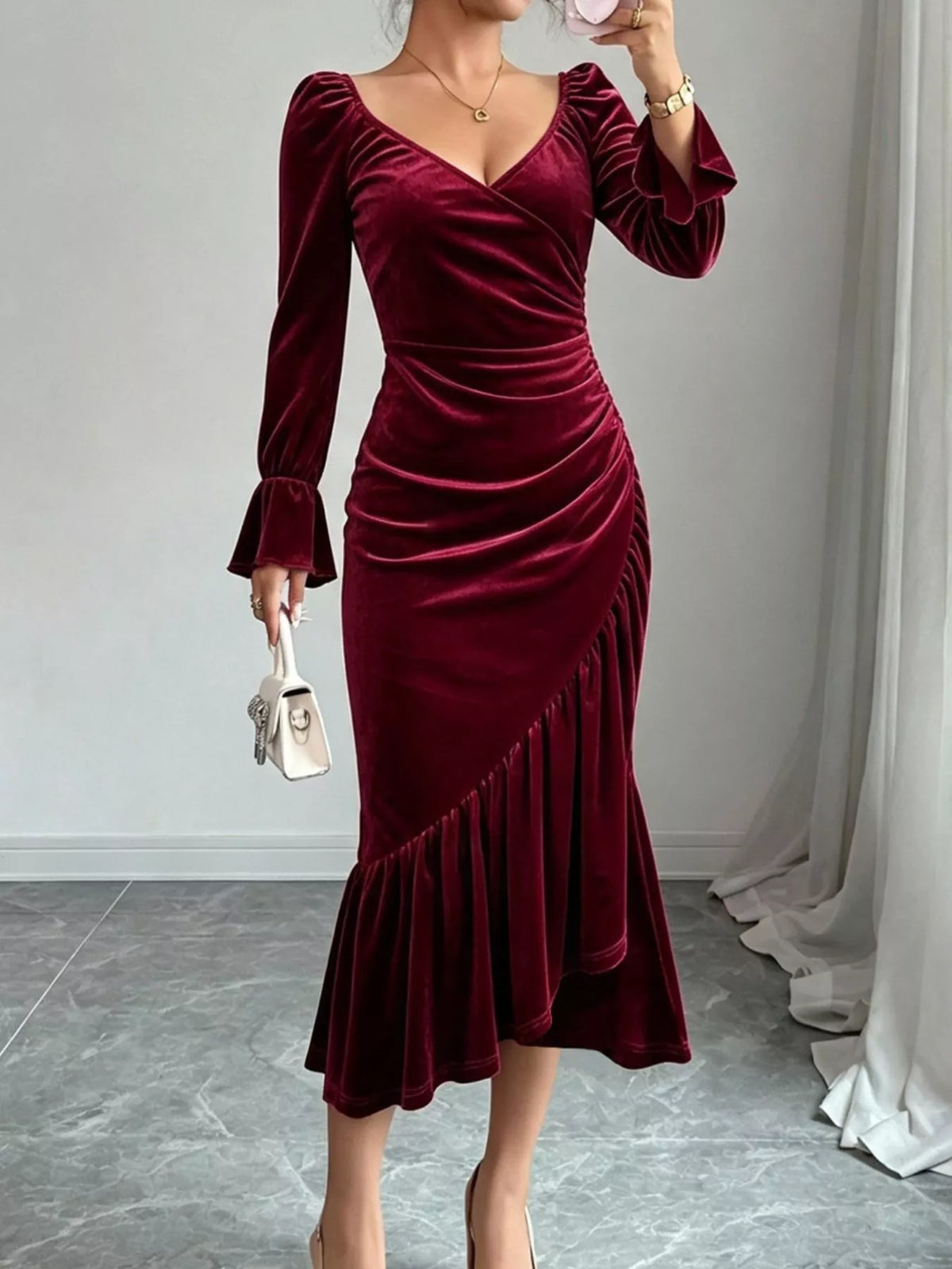 Velvet Ruched Ruffle Hem Midi Dress - Burgundy - View 3