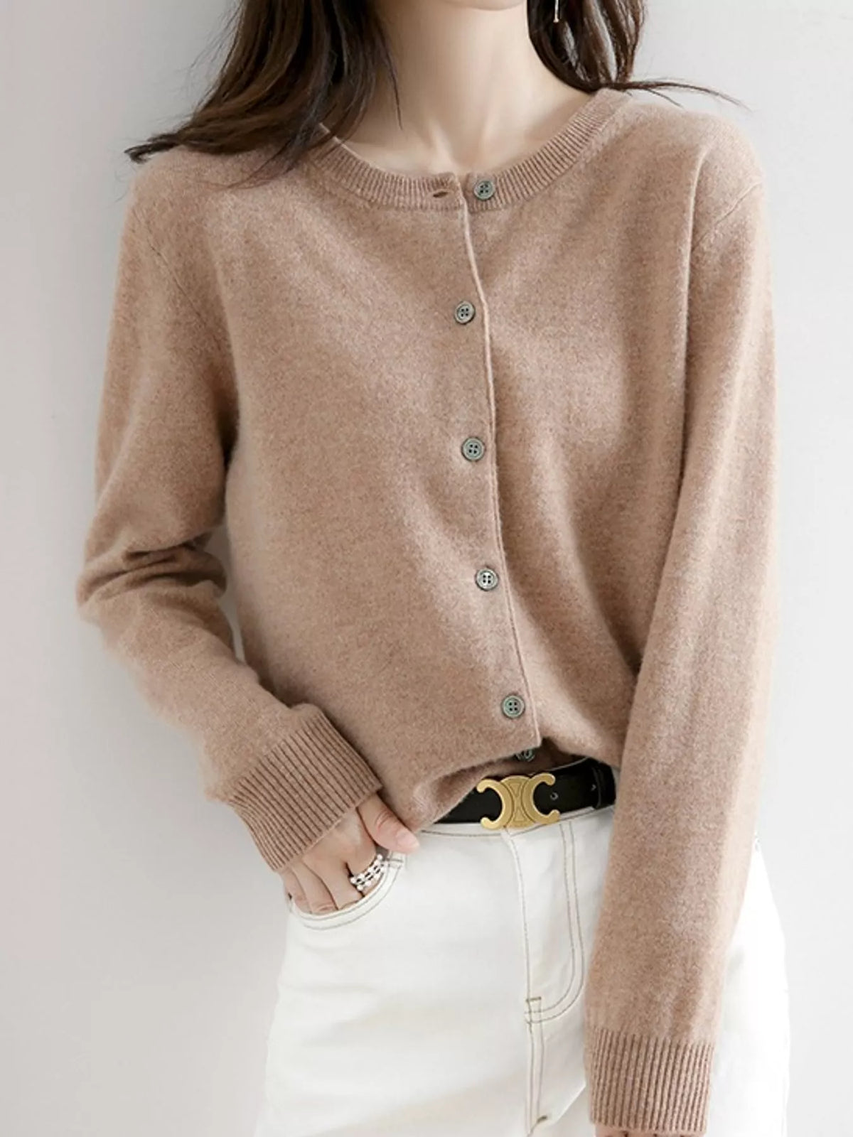 Crew-Neck Button-Down Cardigan - Golden Camel - View 26