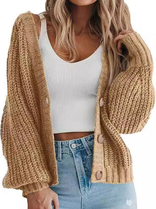 Full Size Chunky Knit Button-Down Cardigan Plus Size - Khaki - View 1