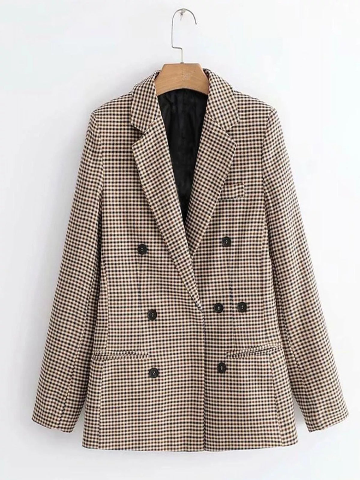 Plaid Lapel Collar Long Sleeve Blazer - Khaki - View 2