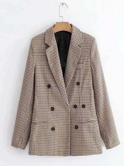 Plaid Lapel Collar Long Sleeve Blazer - Khaki - View 2