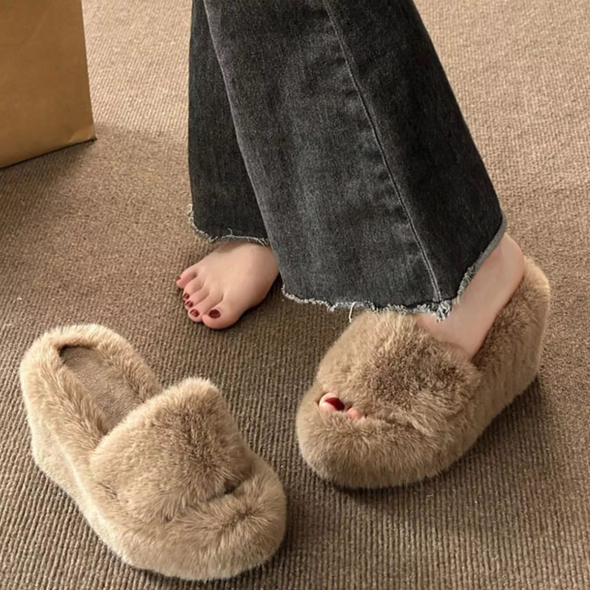 Fluffy Wedge Slippers - Khaki - View 10