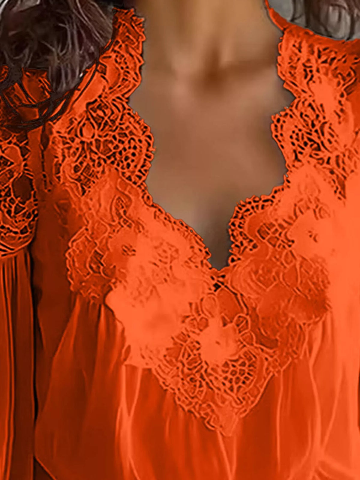 Full Size Lace V-Neck Flounce Sleeve Blouse Plus Size - Orange Red - View 26