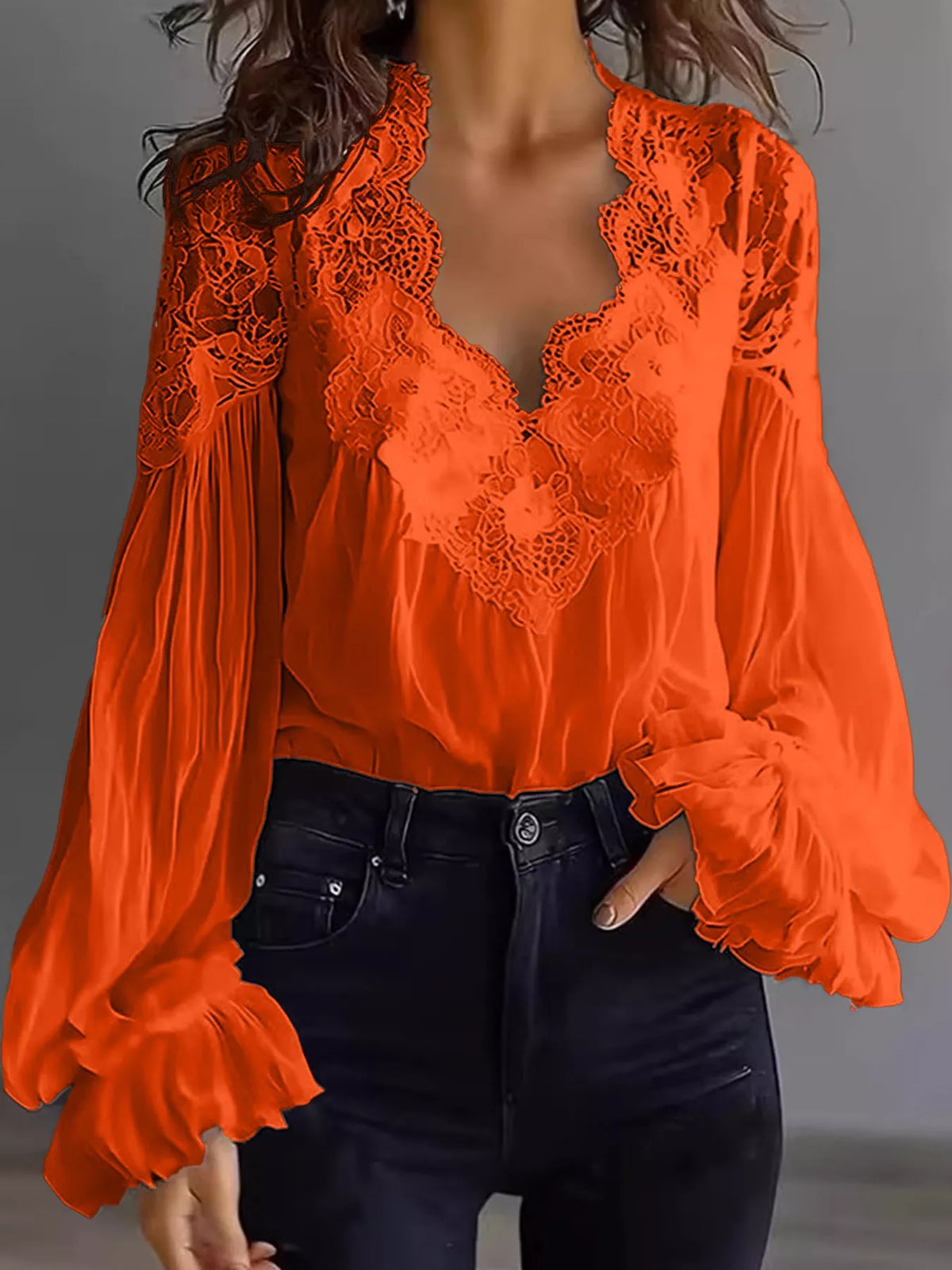 Full Size Lace V-Neck Flounce Sleeve Blouse Plus Size - Orange Red - View 25