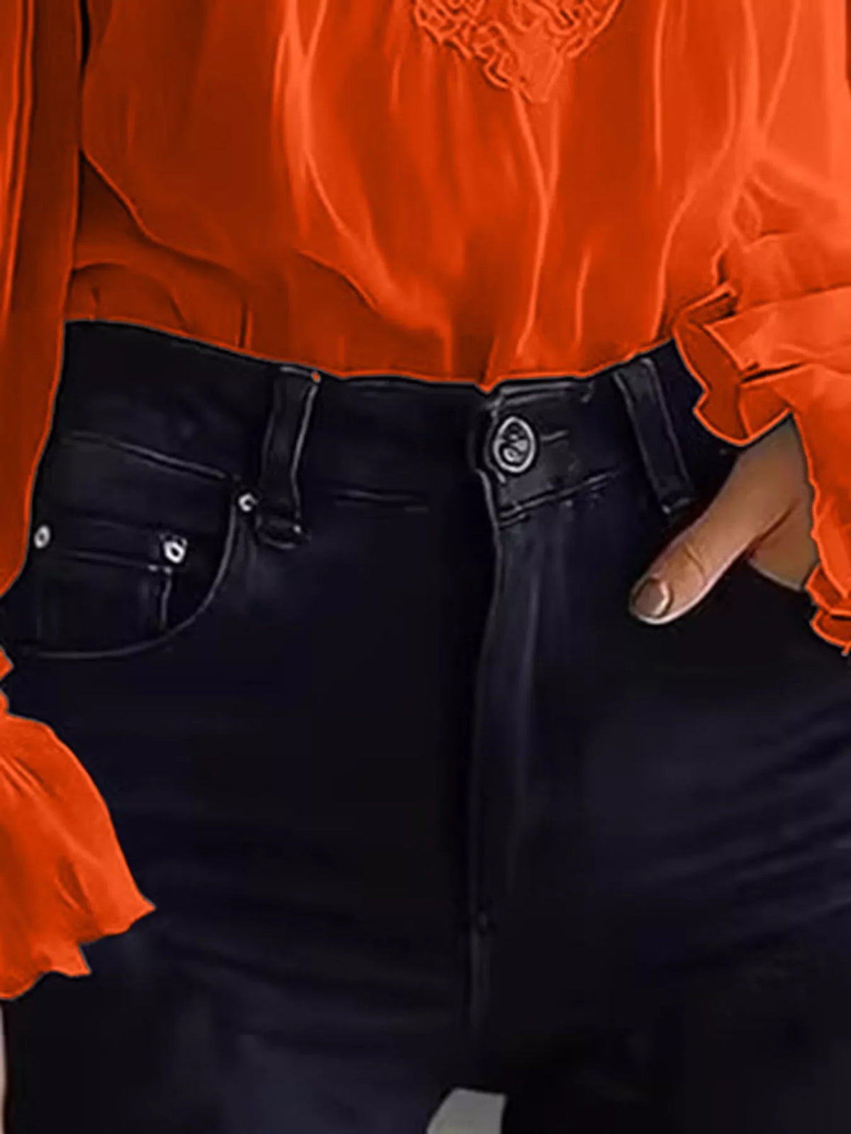 Full Size Lace V-Neck Flounce Sleeve Blouse Plus Size - Orange Red - View 27