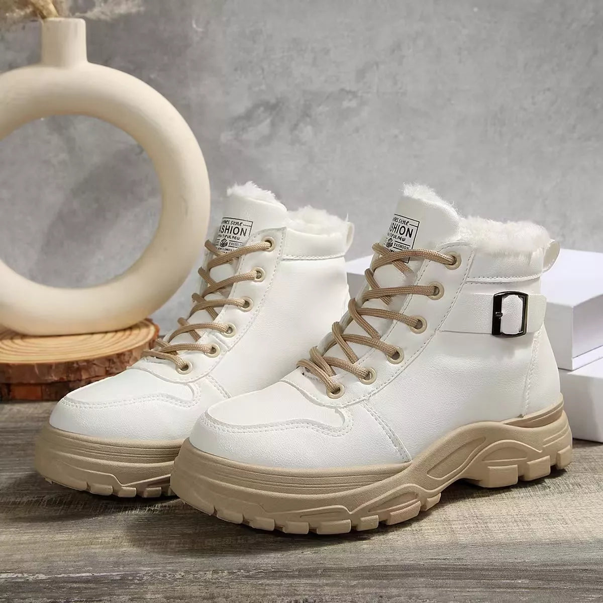 Lace-Up Ankle Boots with Buckle Detail - White - View 3