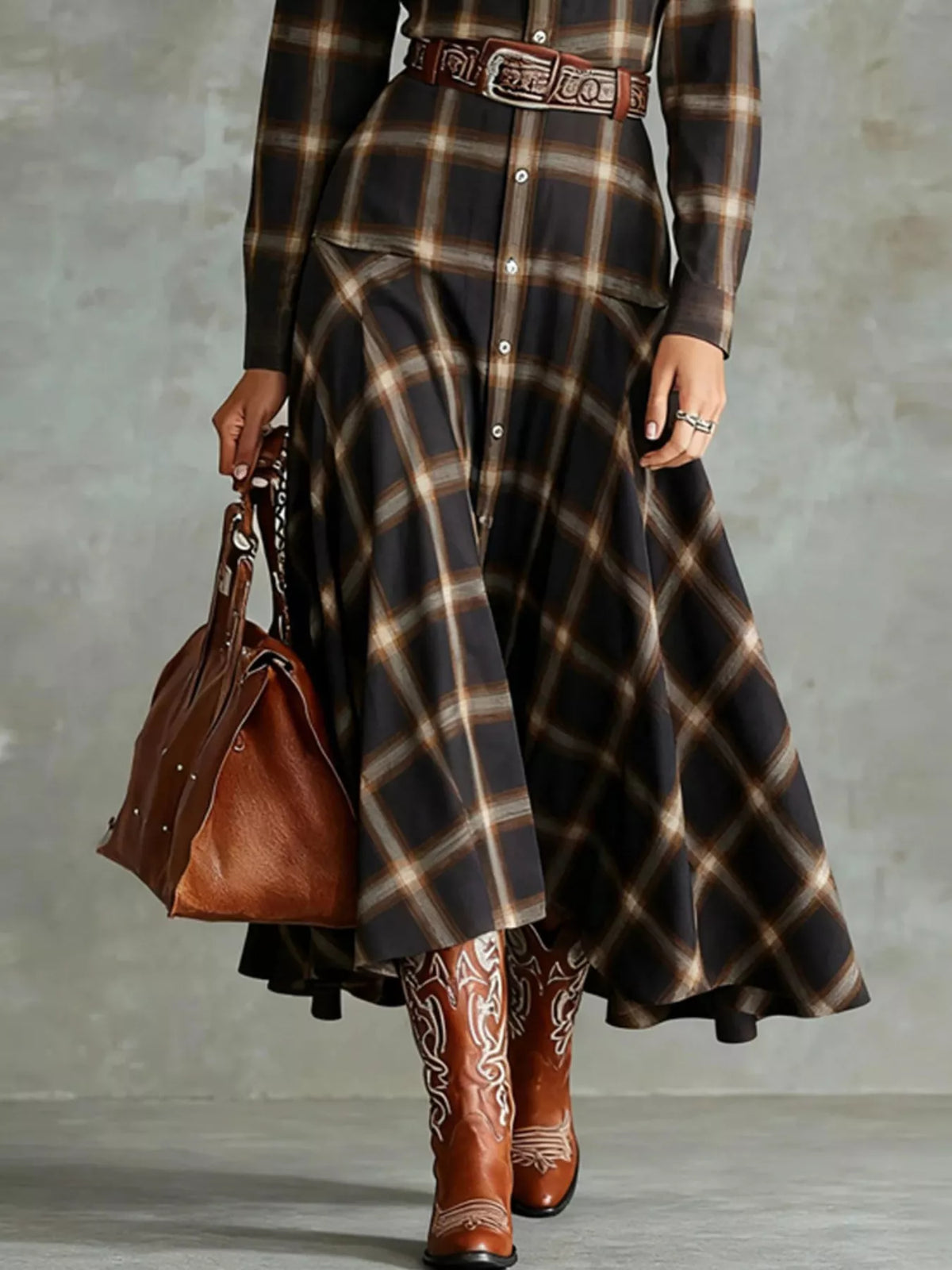 Plaid Button-Down Shirt Dress - Black - View 2