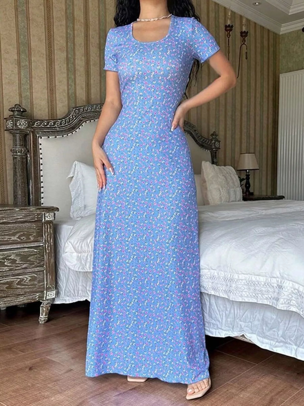 Floral Print Short Sleeve Maxi Dress - Blue - View 2