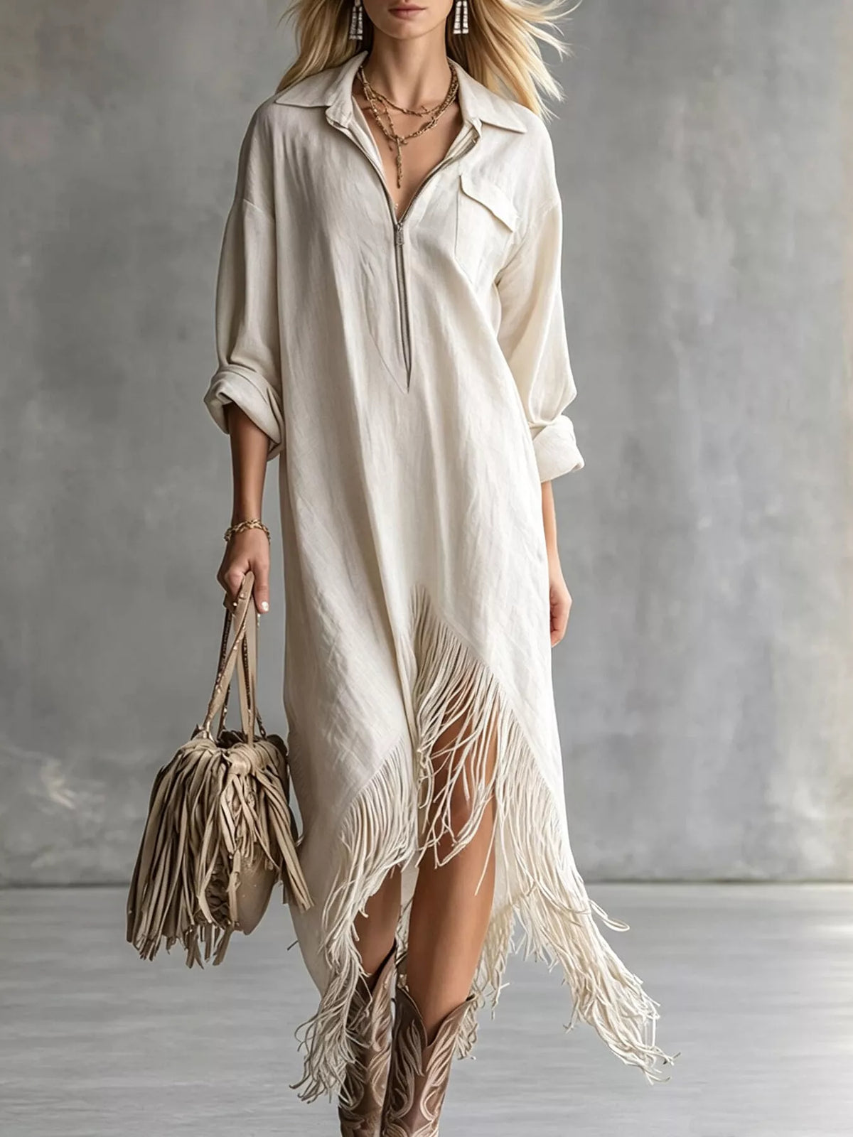 Zipper-Front Fringe Hem Midi Dress - White - View 1