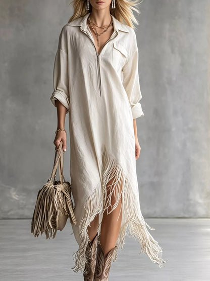Zipper-Front Fringe Hem Midi Dress - White - View 1