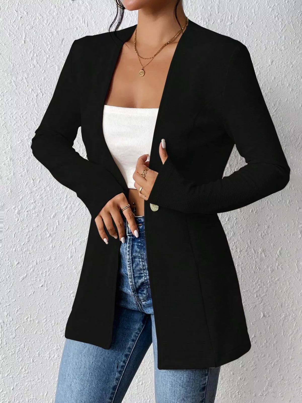 One Button Long Sleeve Blazer - Black - View 6