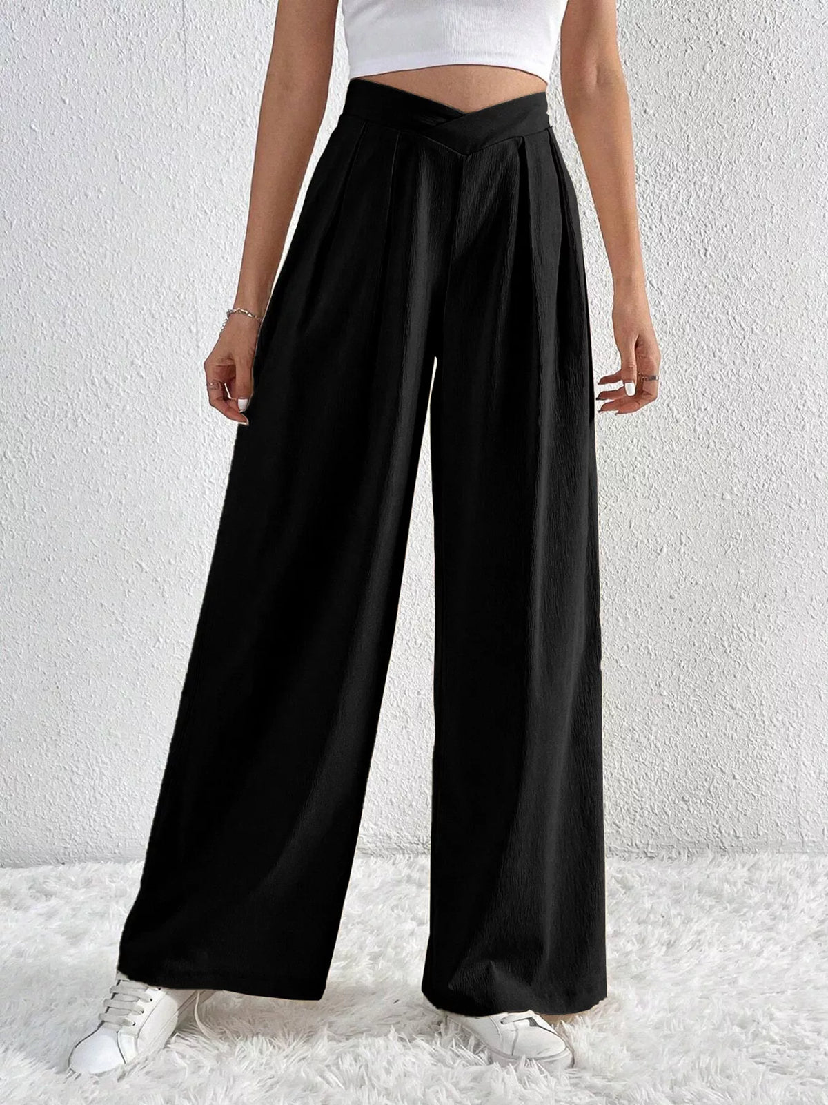 Pleated Wide Leg Pants - Black - View 1