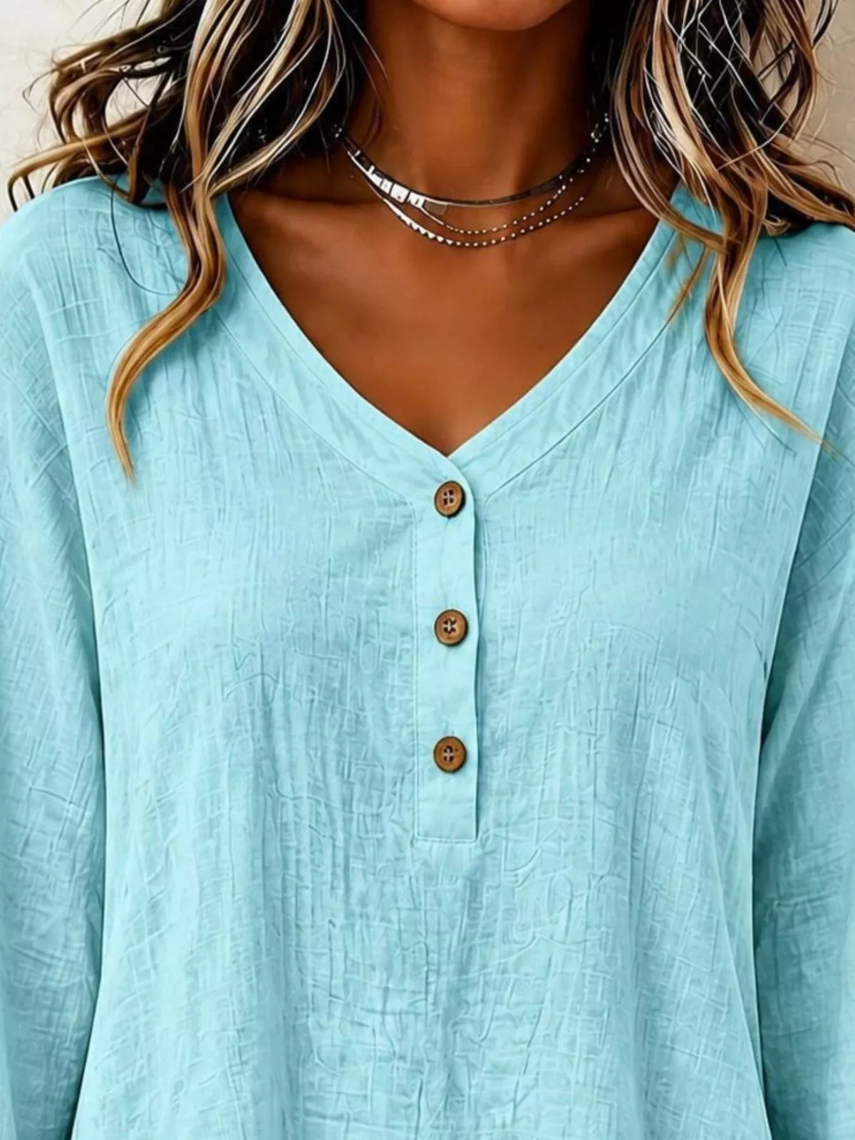 V-Neck Long Sleeve Button Detail Ruffled Hem Blouse - Green - View 2