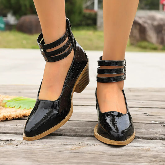 Point Toe Block Heels Pumps - Black - View 2