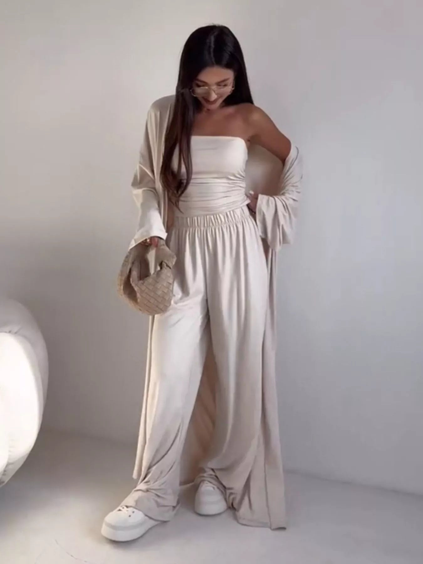 Tube Top & Cardigan & Wide Leg Pants 3-Piece Set - Tan - Alternate Styled Front View