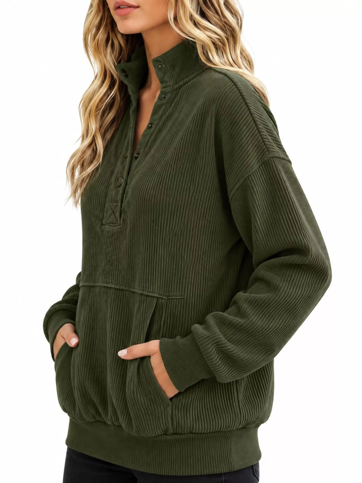 Full Size Quarter-Snap Sweatshirt with Kangaroo Pocket Plus Size - Army Green - View 14