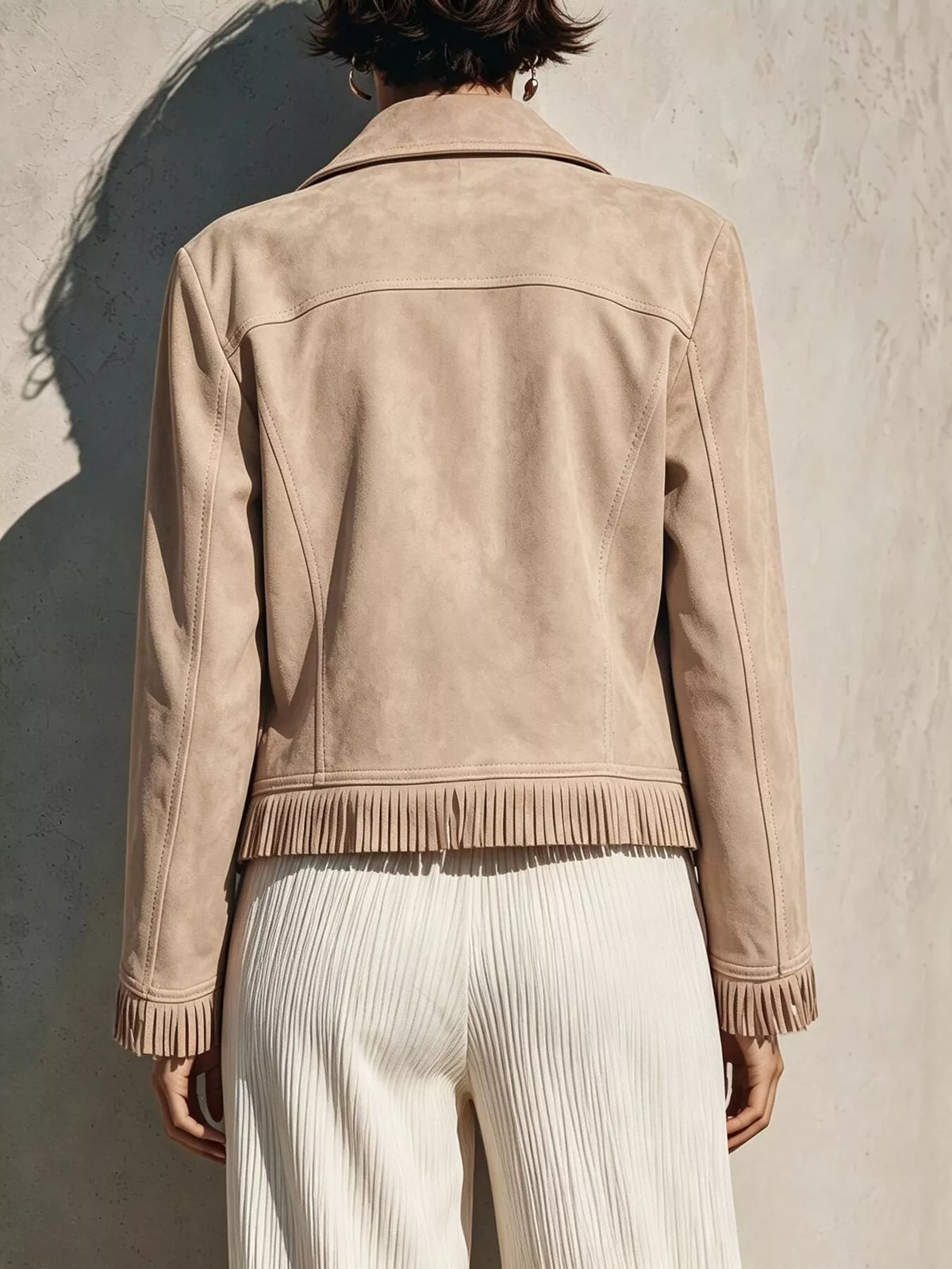 Fringe Hem Zip Up Jacket - Apricot - View 2