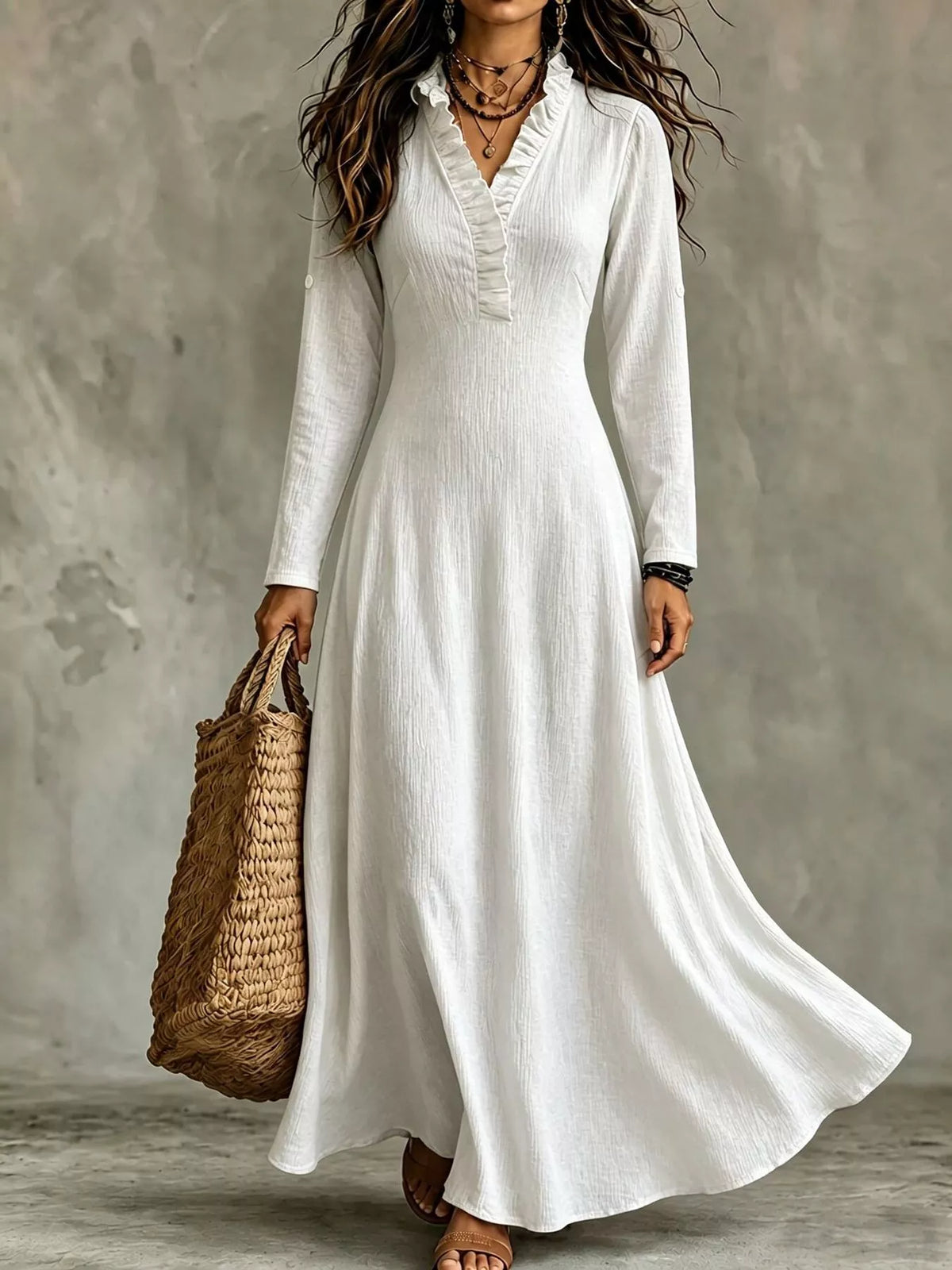 Full Size V-Neck Maxi Dress with Roll-Up Sleeves Plus Size - White - View 1