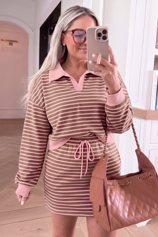 Brown Stripe Striped Drawstring Waist Long Sleeve Top Mini Skort Set - Brown Stripe - 2