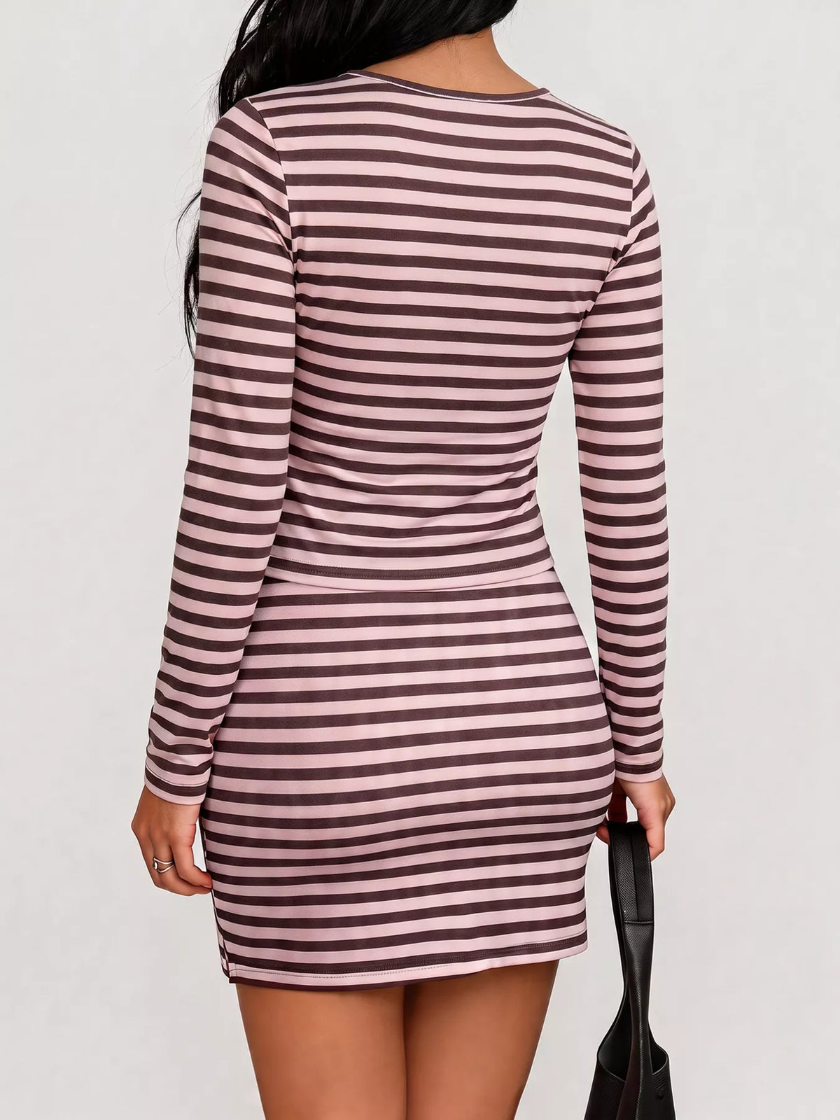 Striped Long Sleeve Square Neck Top and Mini Skirt Two-Piece Set - Pink - View 5