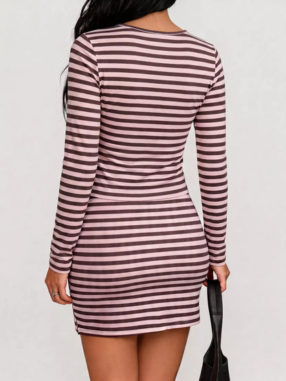 Striped Long Sleeve Square Neck Top and Mini Skirt Two-Piece Set - Pink - View 5