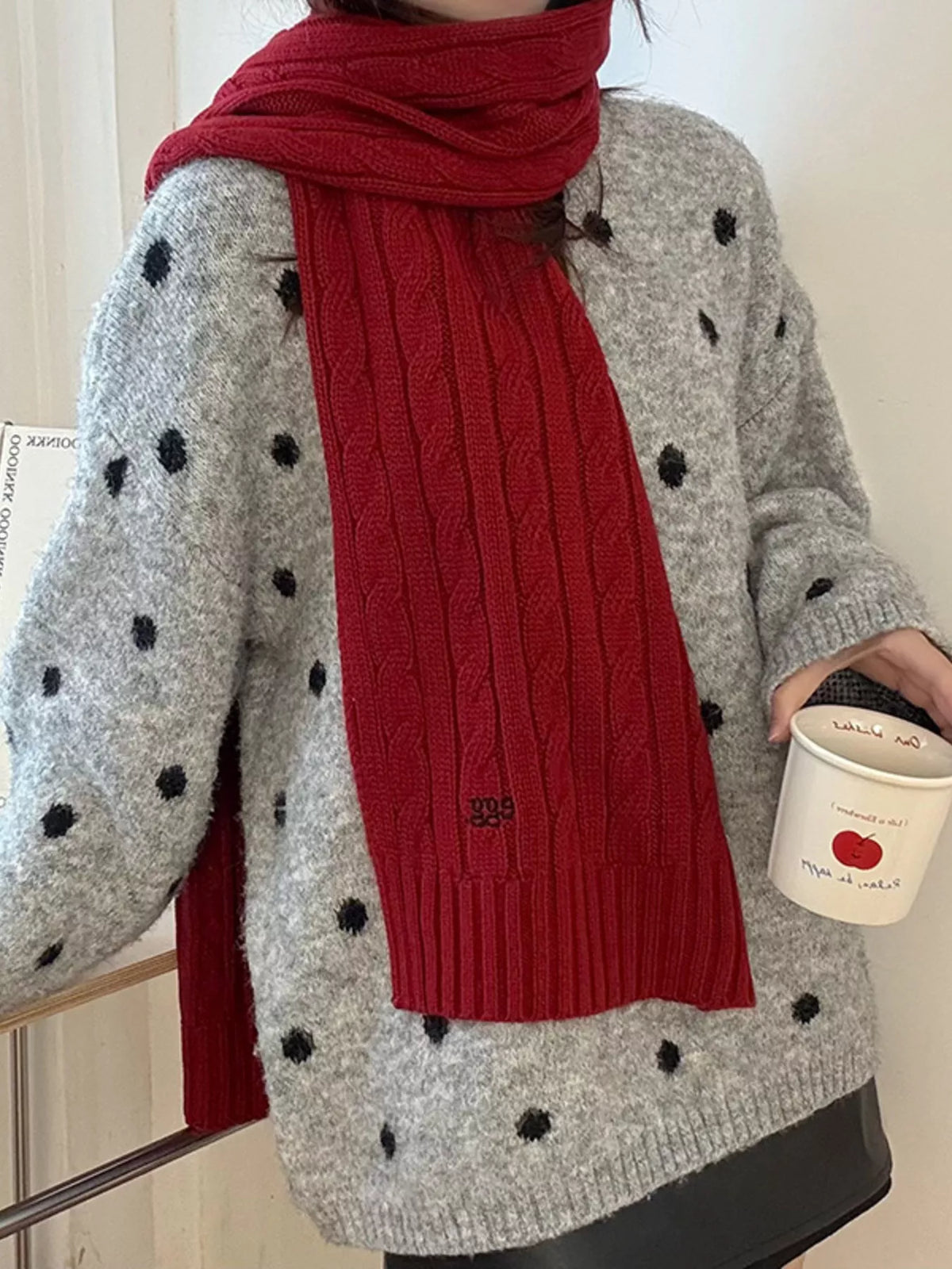 Ribbed Knitted Winter Scarf - Red - View 14