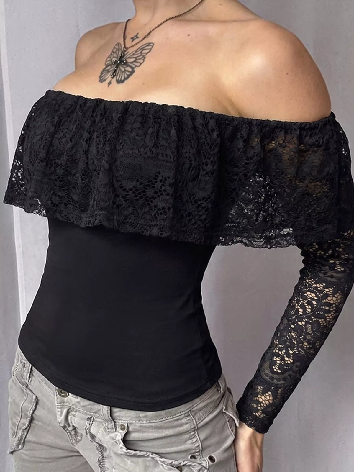 Off-Shoulder Lace Trim Long Sleeve T-Shirt - Black - View 2