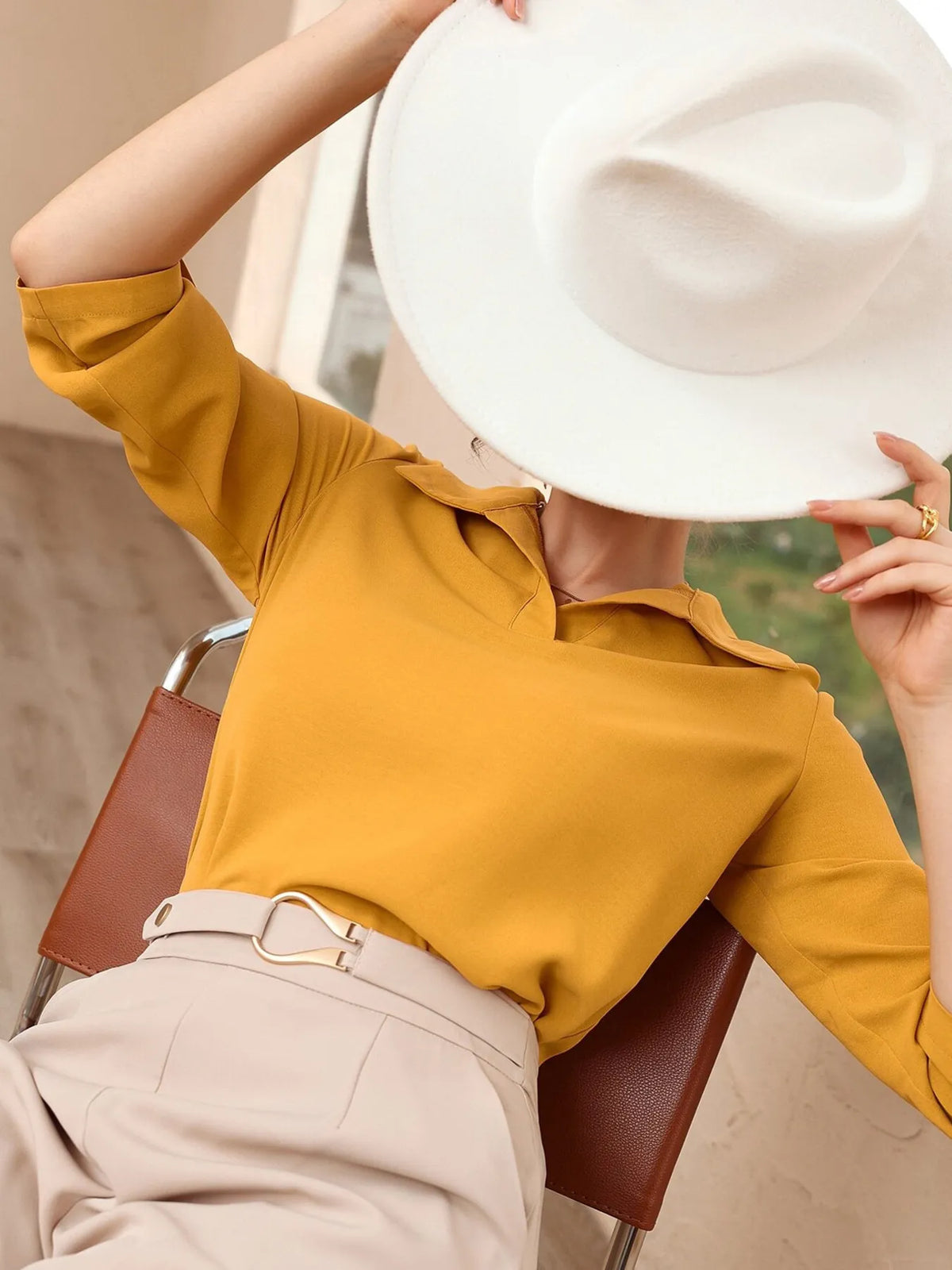 Collared Neck Half Sleeve Blouse - Yellow - View 5